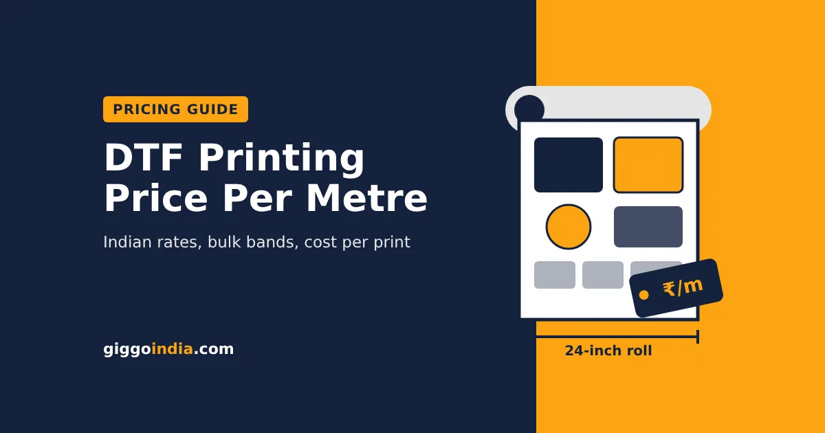 DTF printing price per meter in India guide cover showing a printed DTF film roll and a rupee price tag